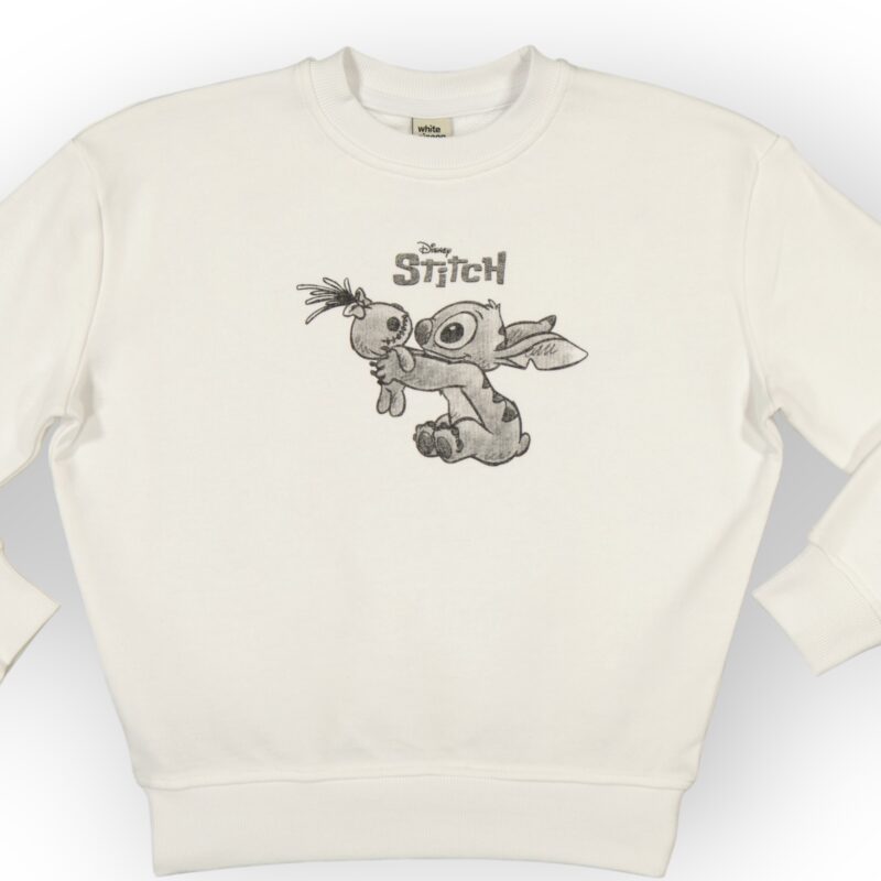 Sweat fillette col rond molleton 100 % coton imprimé Stitch