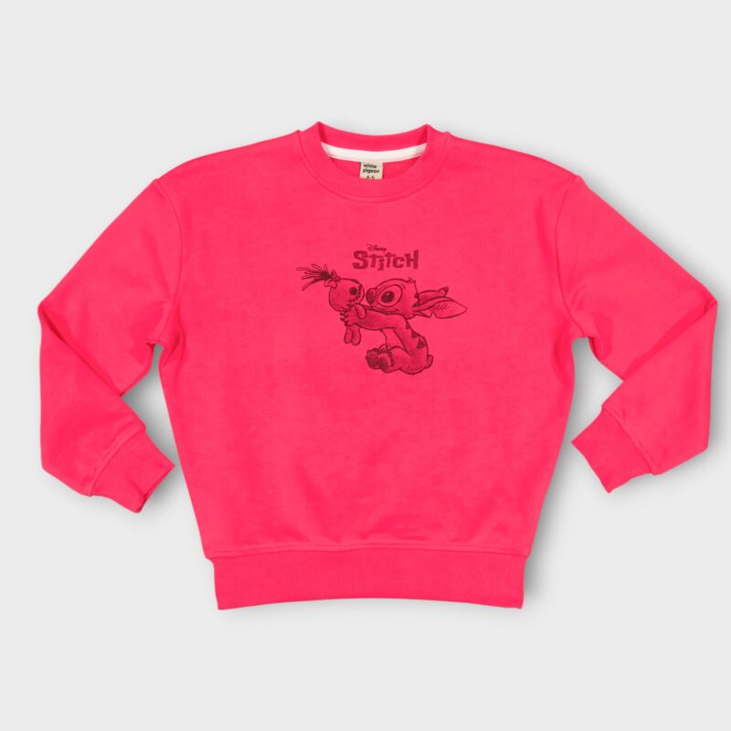 Sweat fillette col rond molleton 100 % coton imprimé Stitch