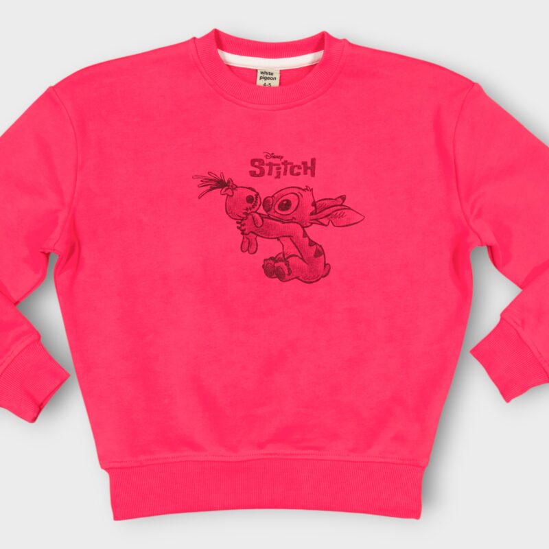Sweat fillette col rond molleton 100 % coton imprimé Stitch