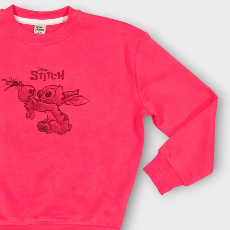 Sweat fillette col rond molleton 100 % coton imprimé Stitch