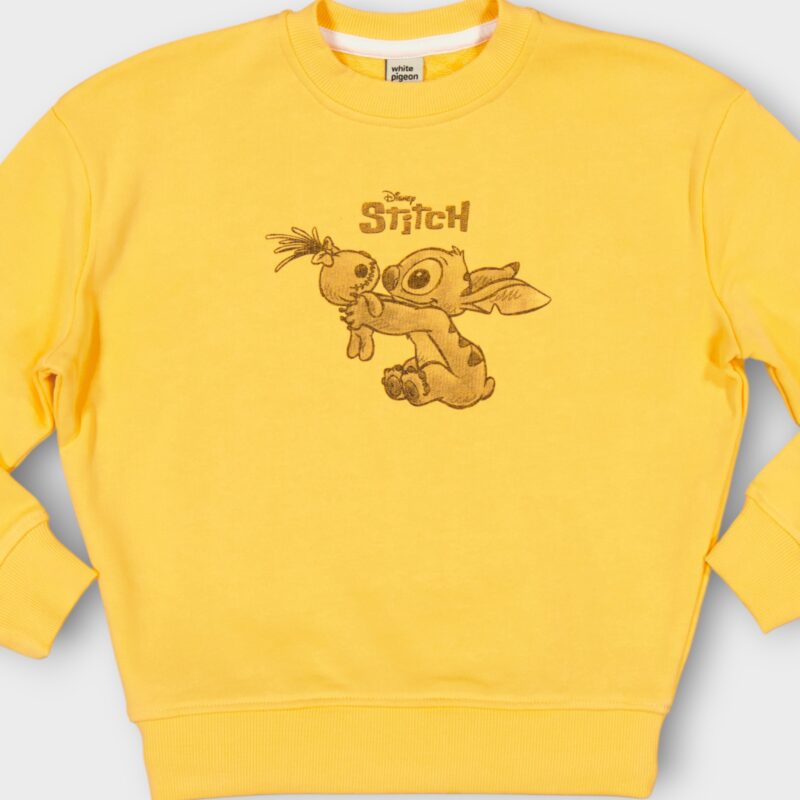 Sweat fillette col rond molleton 100 % coton imprimé Stitch