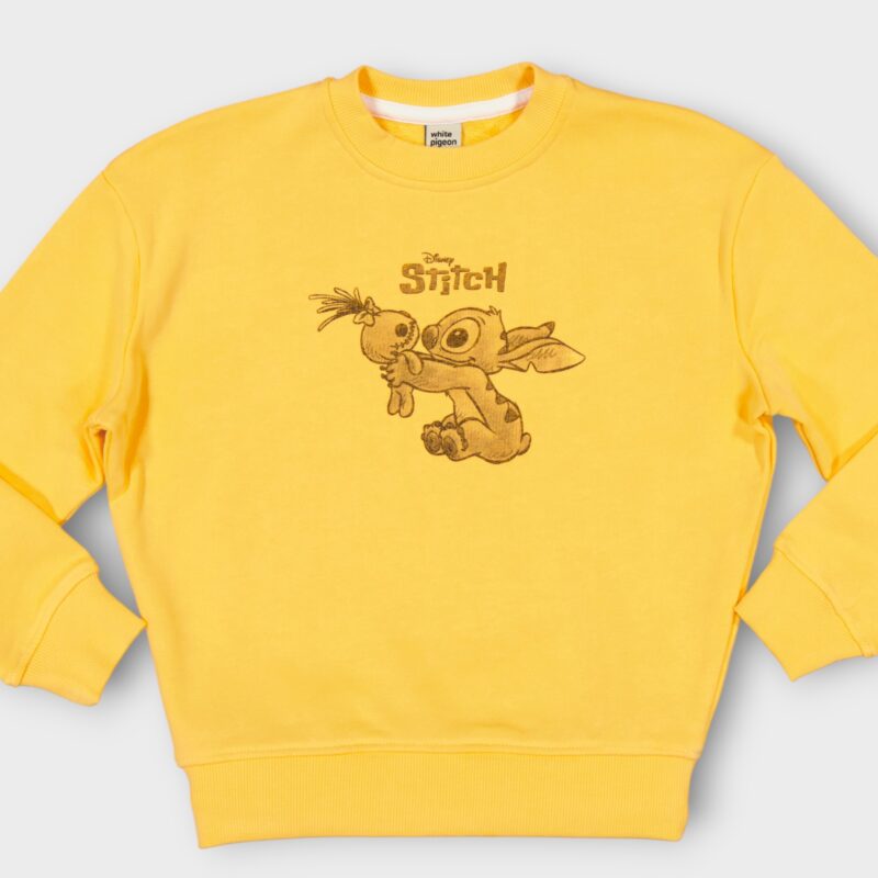 Sweat fillette col rond molleton 100 % coton imprimé Stitch