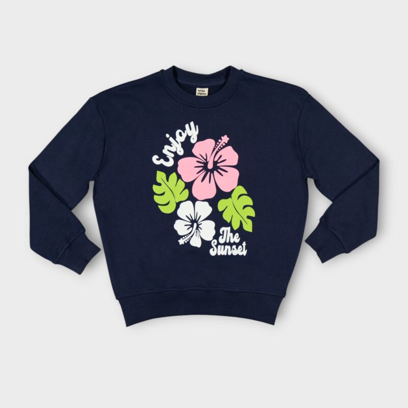Sweat fillette col rond molleton 100 % coton imprimé bouquet de fleurs
