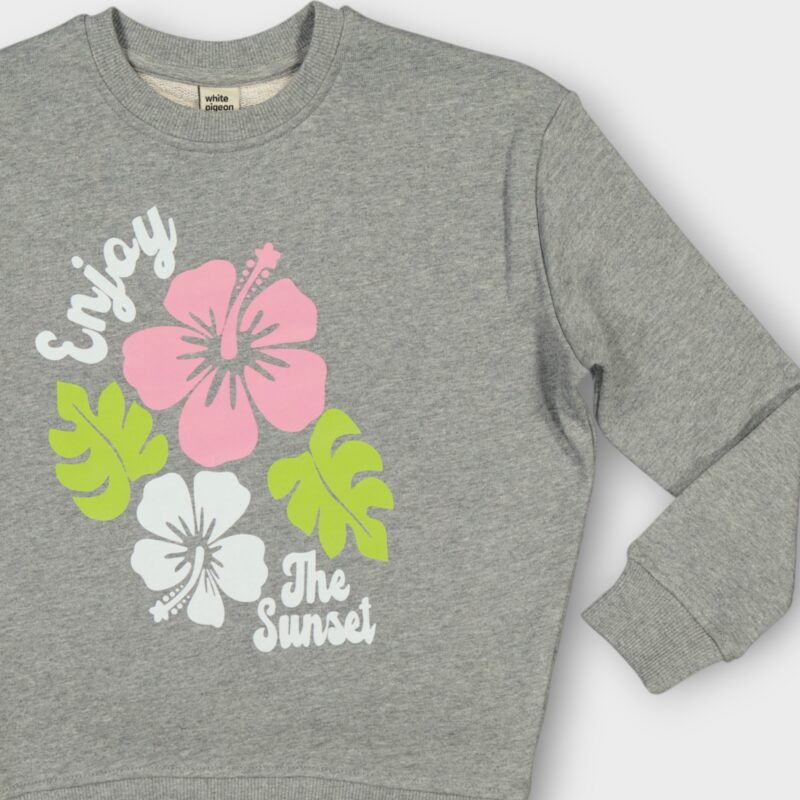 Sweat fillette col rond molleton 100 % coton imprimé bouquet de fleurs