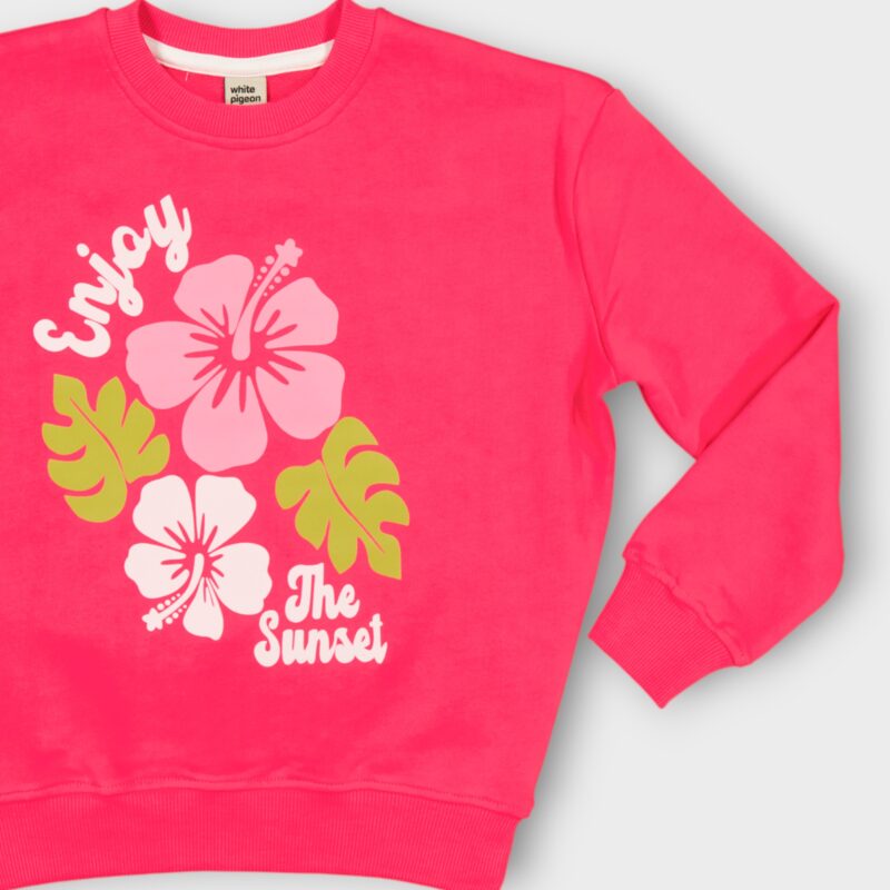 Sweat fillette col rond molleton 100 % coton imprimé bouquet de fleurs