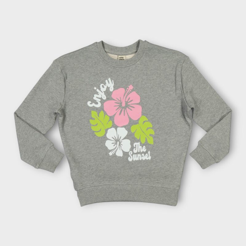 Sweat fillette col rond molleton 100 % coton imprimé bouquet de fleurs