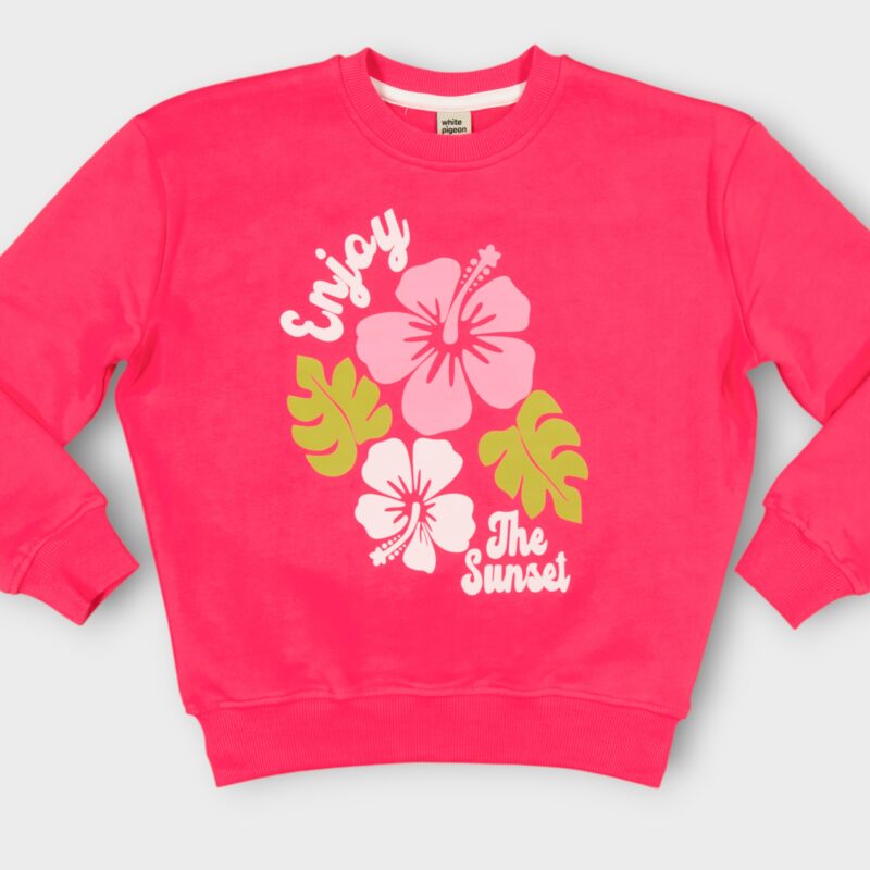 Sweat fillette col rond molleton 100 % coton imprimé bouquet de fleurs