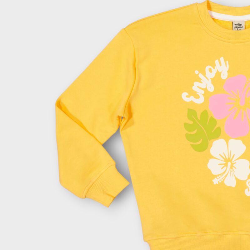 Sweat fillette col rond molleton 100 % coton imprimé bouquet de fleurs