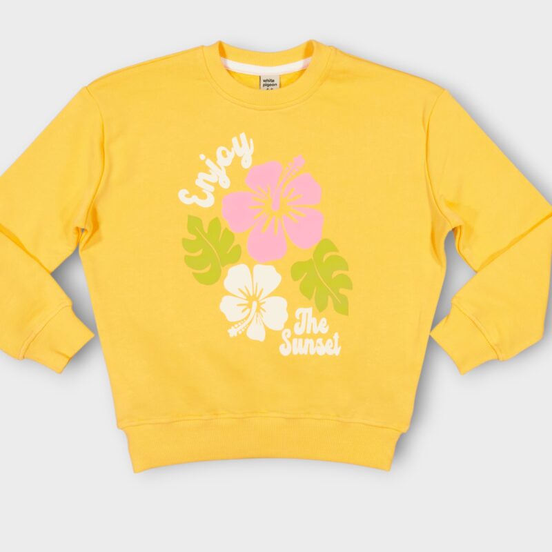 Sweat fillette col rond molleton 100 % coton imprimé bouquet de fleurs