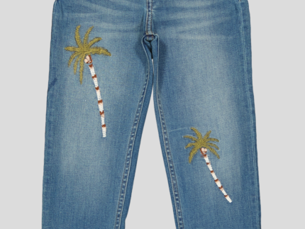 JEAN ENFANT BLEU A JAMBES FUSELEES,BRODE