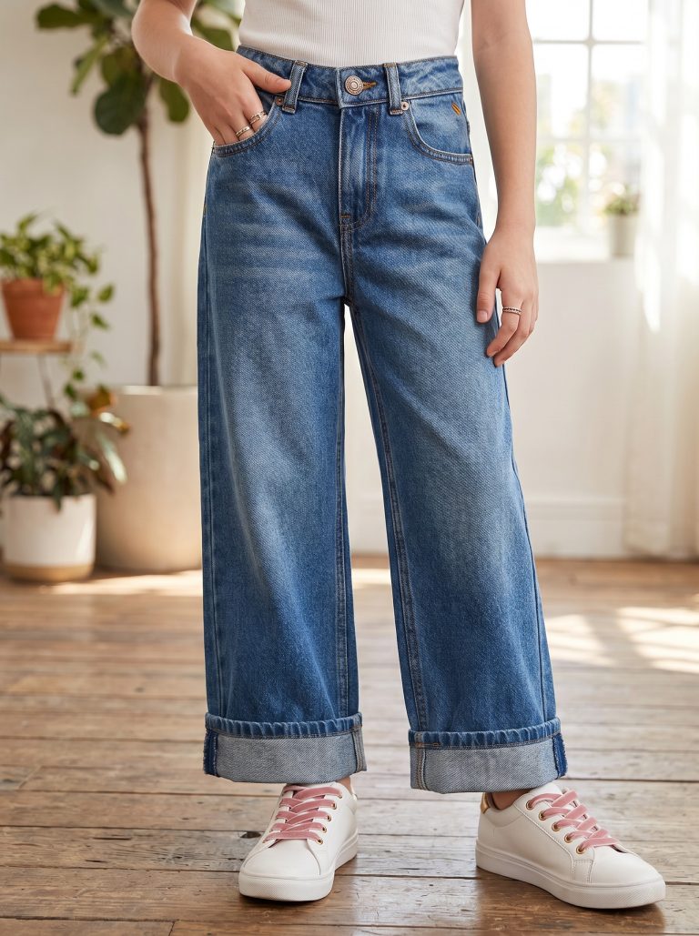 JEAN WIDE LEG FILLETTE TAILLE HAUTE OURLET REVERS 100% COTON