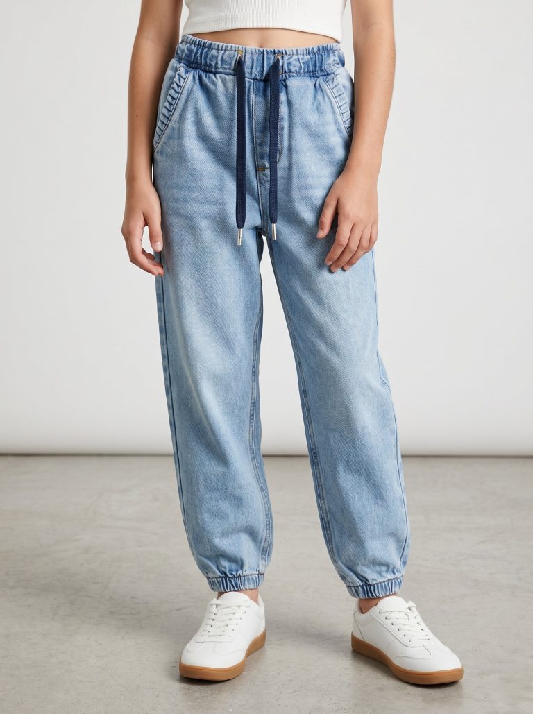 JEAN JOGGER FILLETTE STONE WASH ÉLASTIQUE ET CORDON 100% COTON