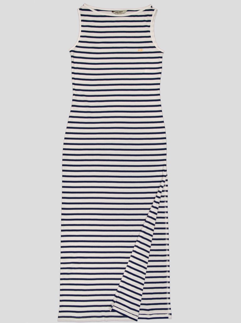 Robe Longue Femme Rayée Marinière – Sans Manches, Fente Latérale