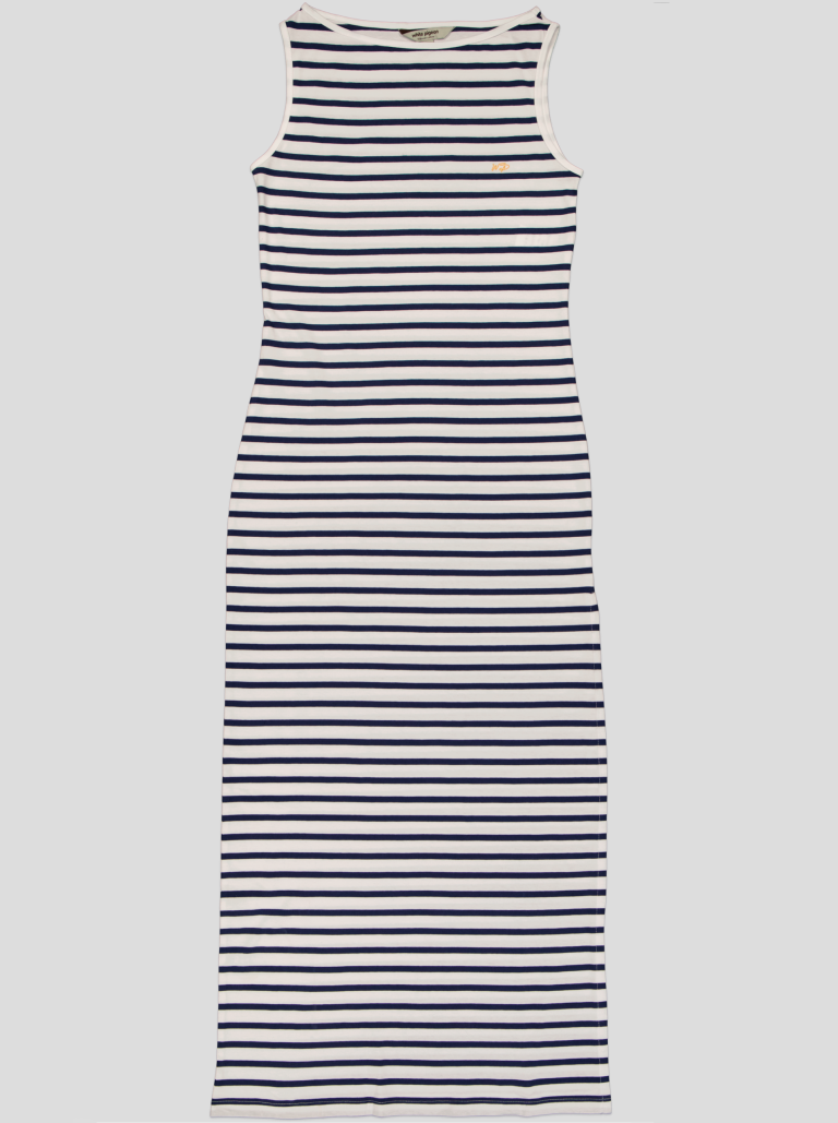 Robe Longue Femme Rayée Marinière – Sans Manches, Fente Latérale