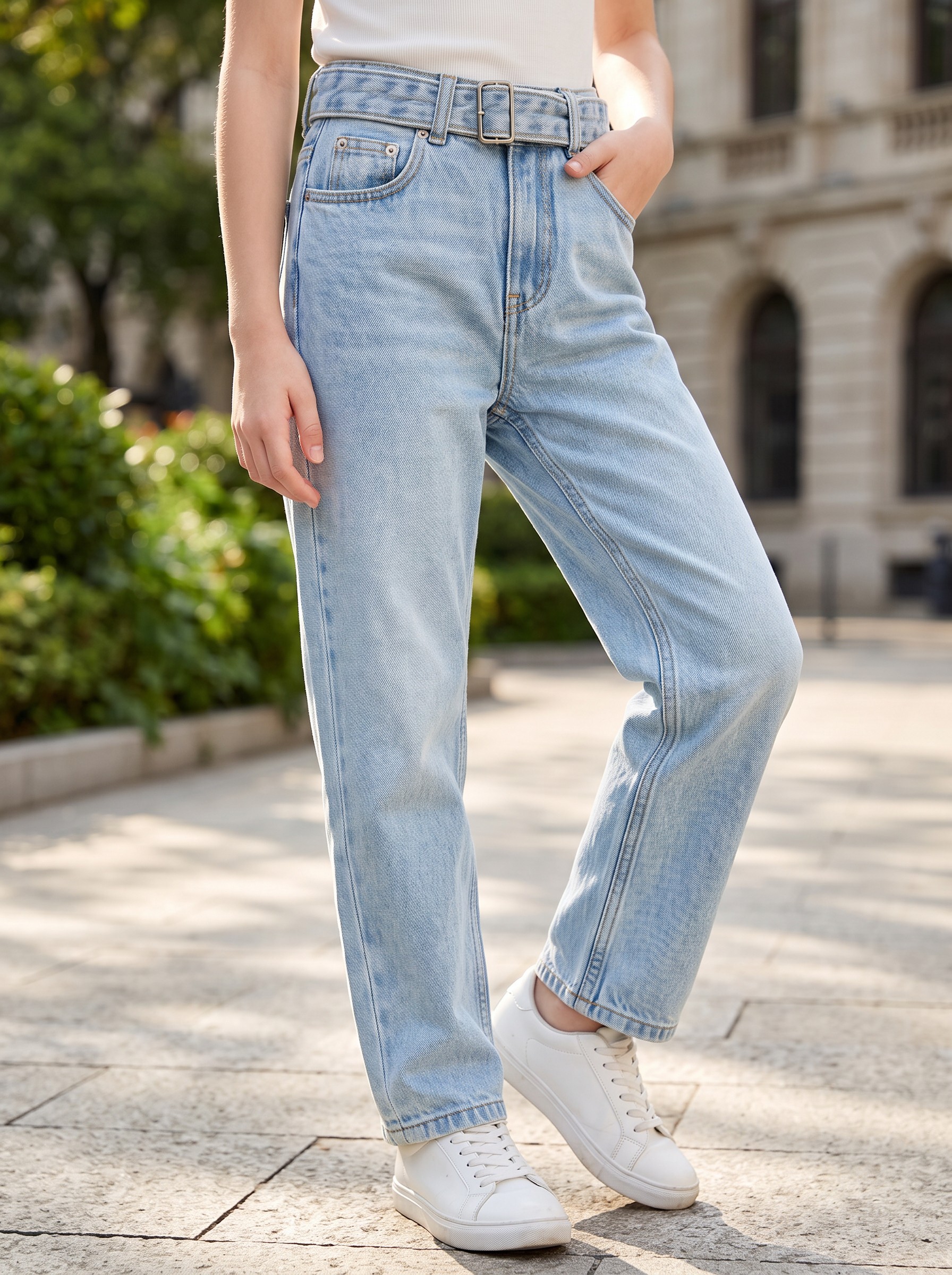 WPJF005_SARTEX_WP (Mannequins IA) Jean taille haute délavé avec ceinture – Image 1