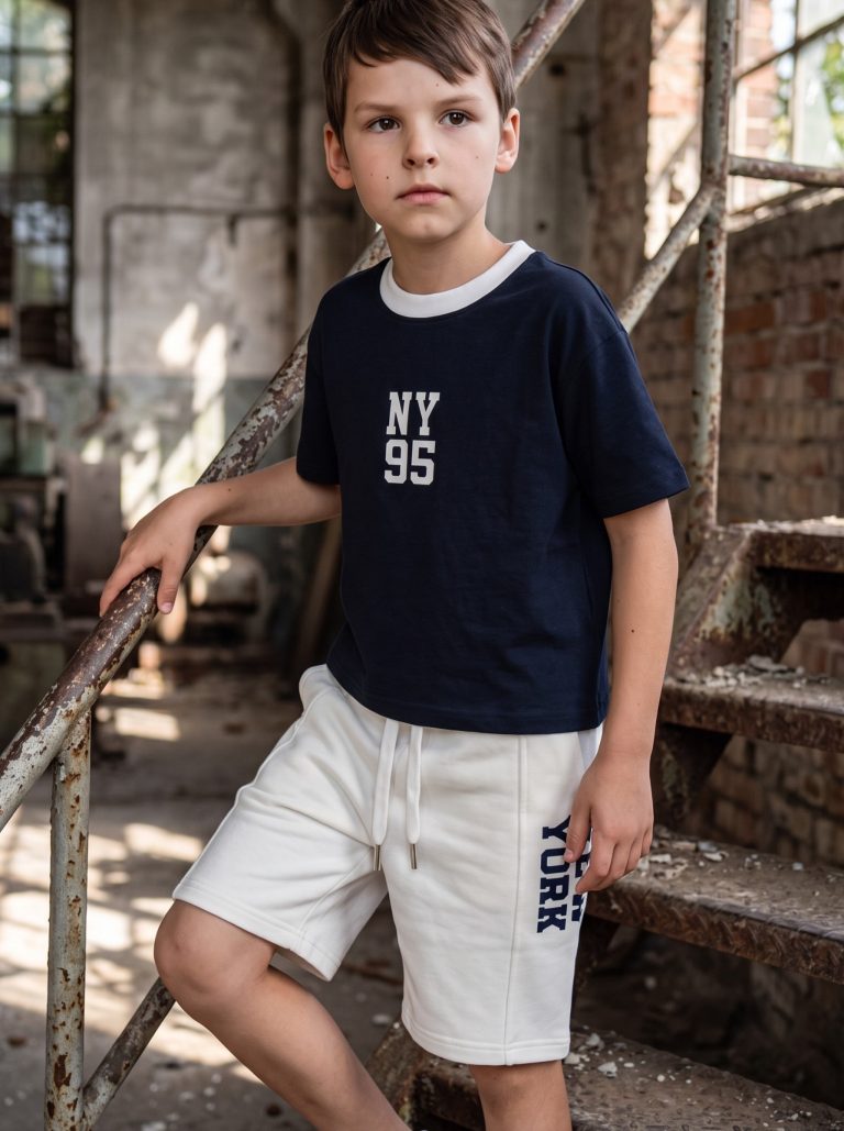 Ensemble Garçon "New York 95" – T-shirt Col Contrastant + Short Molleton