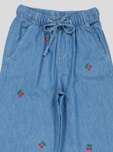Pantalon Fillette Large en Jean Brodé Cerises