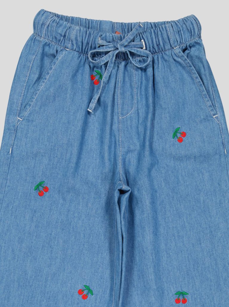 Pantalon Fillette Large en Jean Brodé Cerises