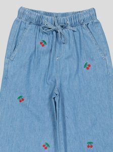 Pantalon Fillette Large en Jean Brodé Cerises
