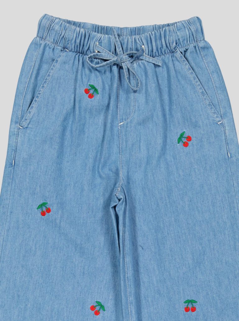 Pantalon Fillette Large en Jean Brodé Cerises