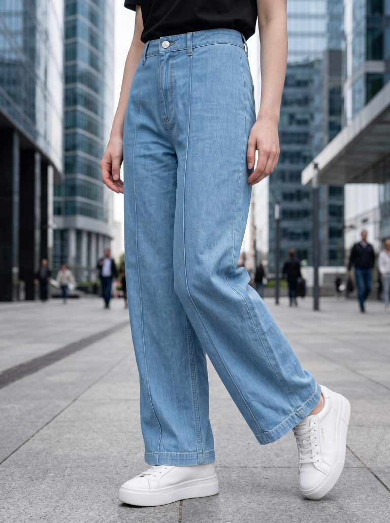 Jean Femme Large Taille Haute – Denim Léger Bleu Clair Délavé