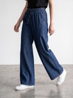 Pantalon Femme Large en Denim Léger – Taille Élastiquée & Cordon