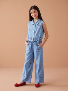 Pantalon Fillette Large en Jean Brodé Cerises