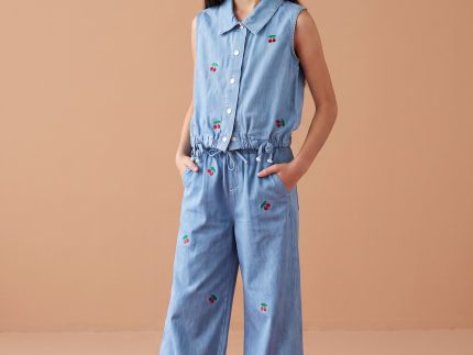 Pantalon Fillette Large en Jean Brodé Cerises