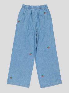 Pantalon Fillette Large en Jean Brodé Cerises