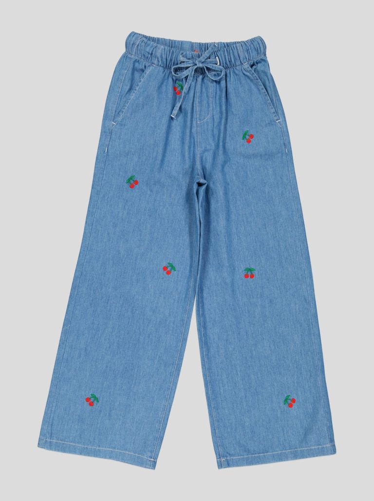 Pantalon Fillette Large en Jean Brodé Cerises