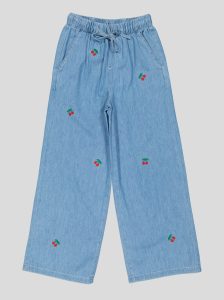 Pantalon Fillette Large en Jean Brodé Cerises