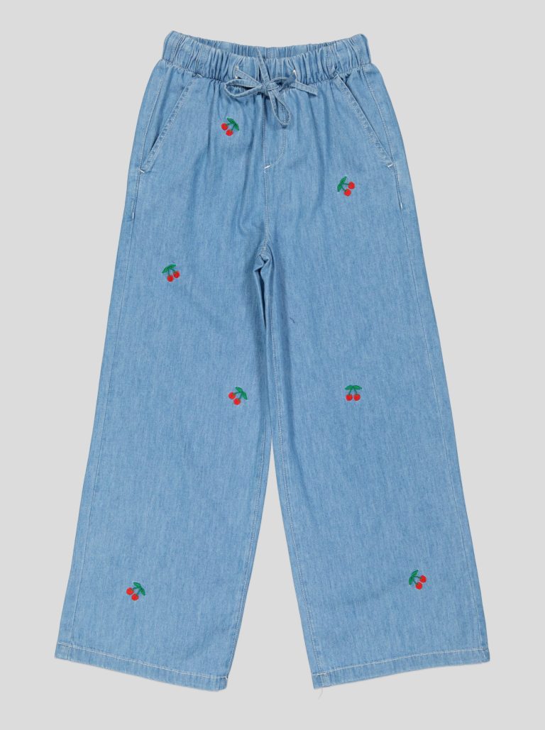 Pantalon Fillette Large en Jean Brodé Cerises