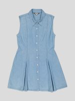 Robe Chemise Femme en Denim Léger – Sans Manches, Jupe à Plis – Image 2