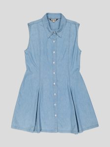 Robe Chemise Femme en Denim Léger – Sans Manches, Jupe à Plis
