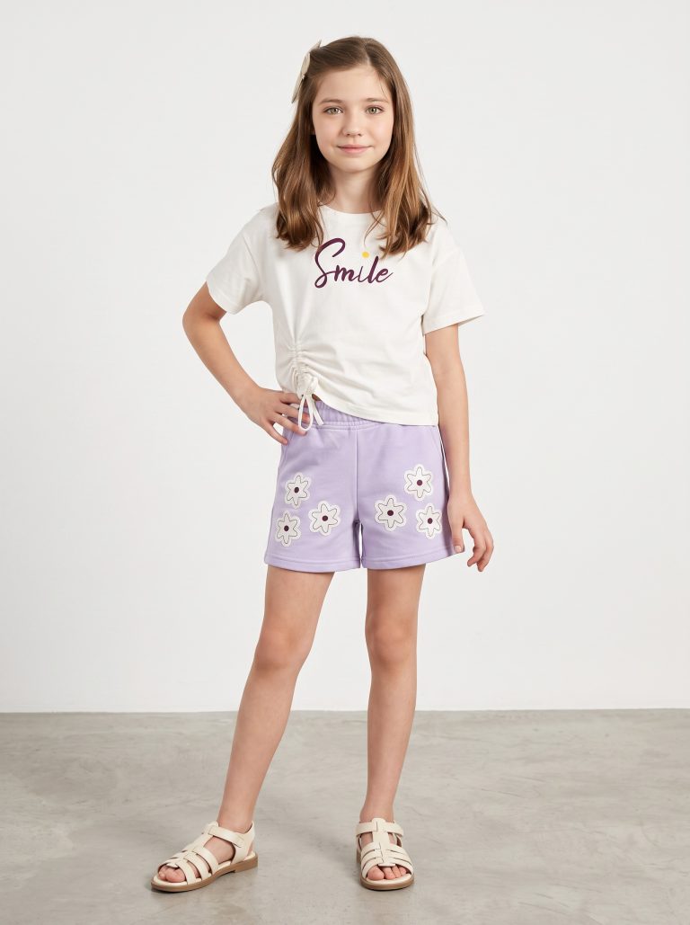 Ensemble Fillette T-shirt "Smile" à Coulisse & Short Fleuri