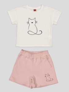 Ensemble Fillette T-shirt Chat Brodé & Short en Molleton
