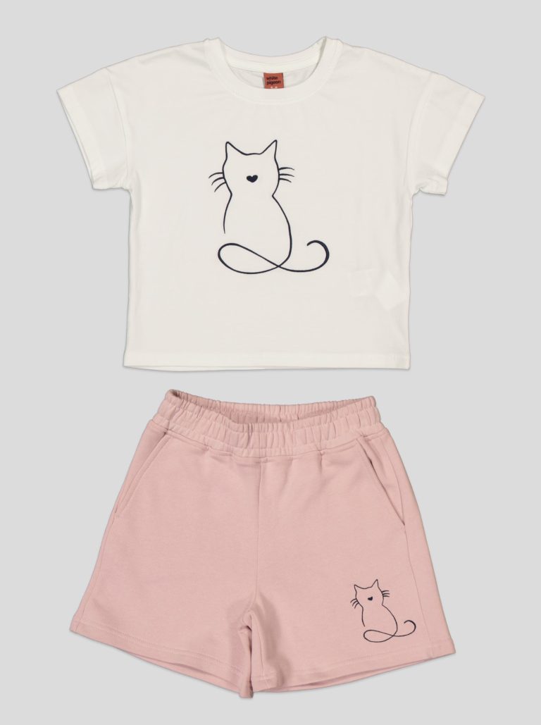 Ensemble Fillette T-shirt Chat Brodé & Short en Molleton