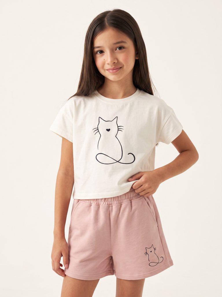 Ensemble Fillette T-shirt Chat Brodé & Short en Molleton