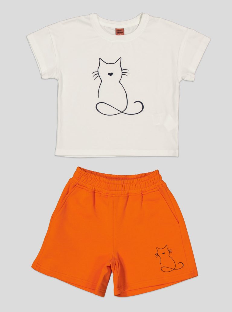 Ensemble Fillette T-shirt Chat Brodé & Short en Molleton