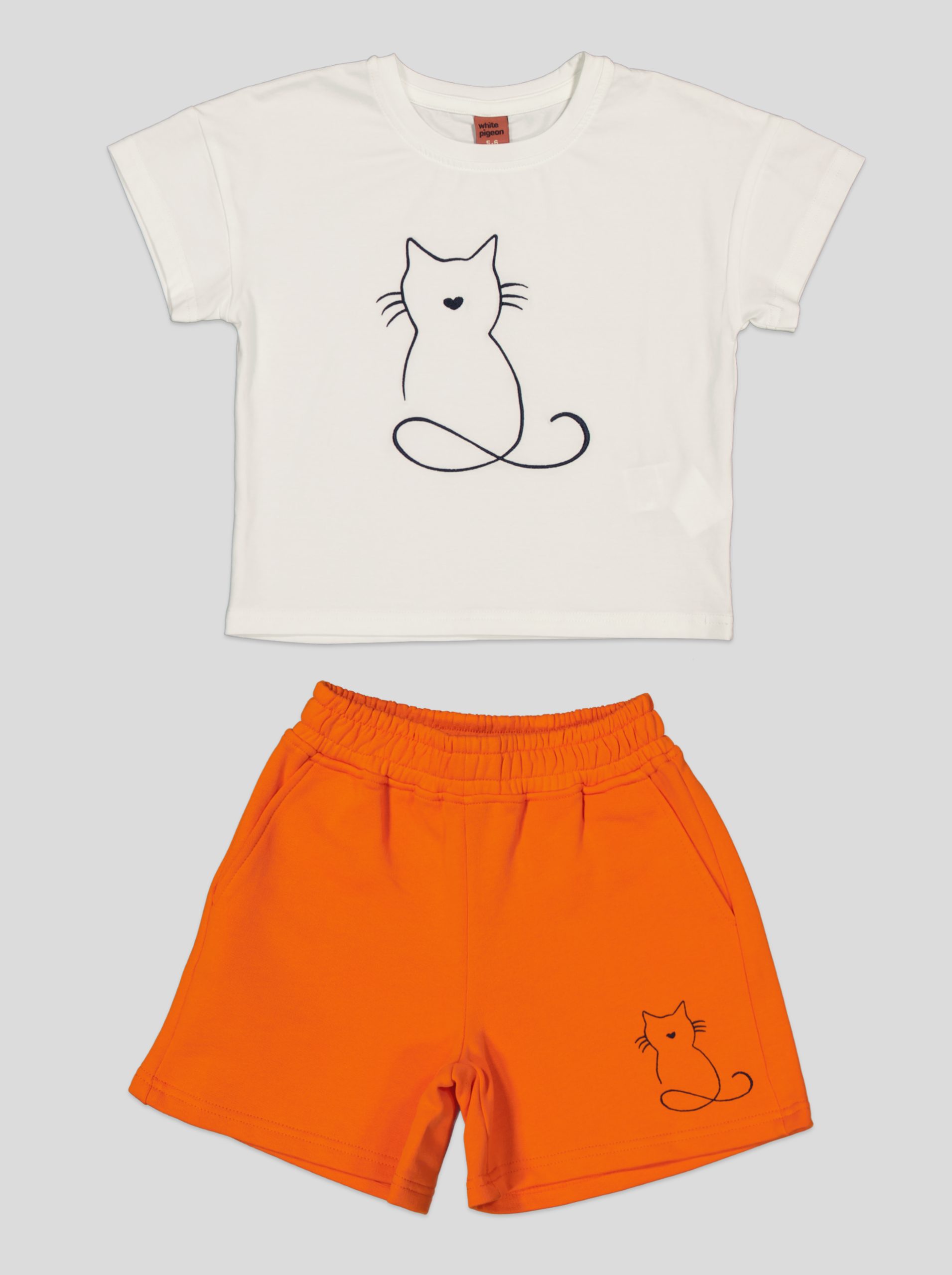 SETIH005_WP_WP Ensemble Fillette T-shirt Chat Brodé & Short en Molleton – Image 2