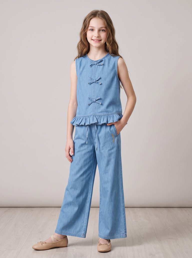 Ensemble Fillette 2 Pièces en Jean - Haut à Nœuds & Pantalon Large